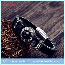 Latest charm leather bracelet with stone black leather bracelet with magnetic closure